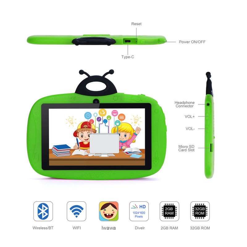 C idée Double caméra WiFi 7 pouces Tablette PC Android Enfants pour l'apprentissage des tout-petits 128 Go avec Case Kids App CM76 Vert