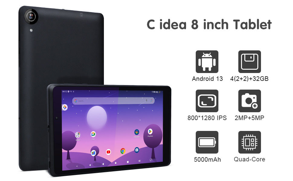 C idée Jeunesse Tablette 8 pouces Android 13 avec écran de lumière bleue, WiFi, 32 Go + 64 Go, 800 * 1280 IPS incell CM826