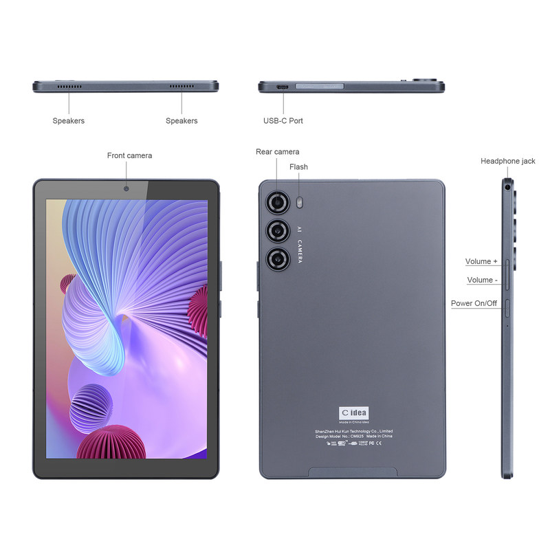 C idée 9 pouces Tablet PC WIFI 2.4G/5G 800x1280 IPS Écran Android Tablette Téléphone Appui aux appels avec double caméra ((Gray)