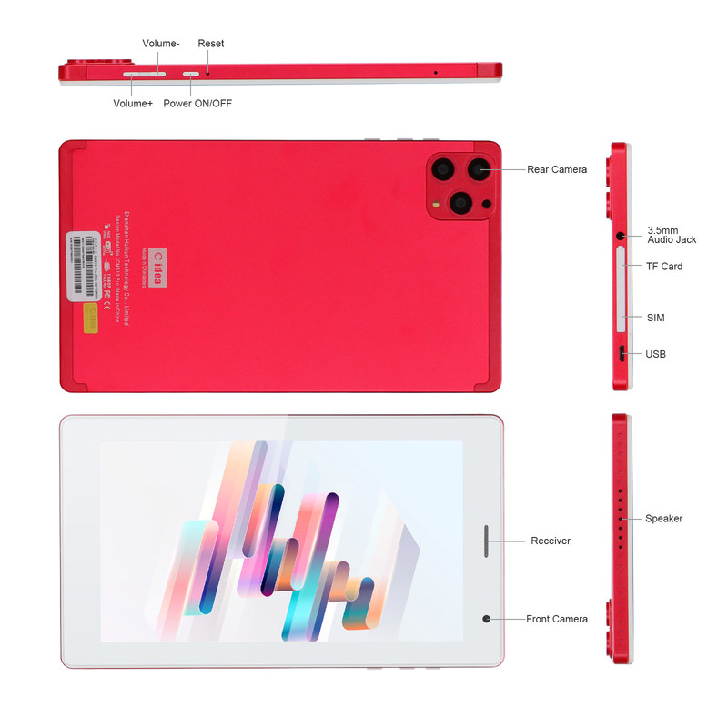 C idée 7 pouces Android Smart Tablets 8+512GB Quad Core WiFi Tablette à écran tactile HD CM513 ((Rouge)