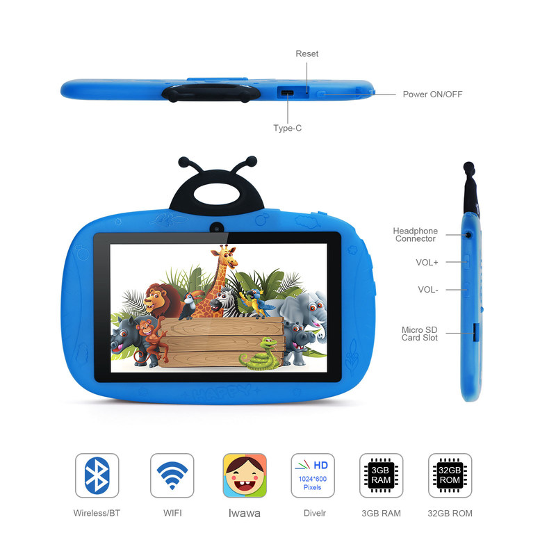 C Idée 7 pouces Tablette pour enfants Tablette quad-Core Tablette pour enfants Avec boîtier de protection CM75 bleu