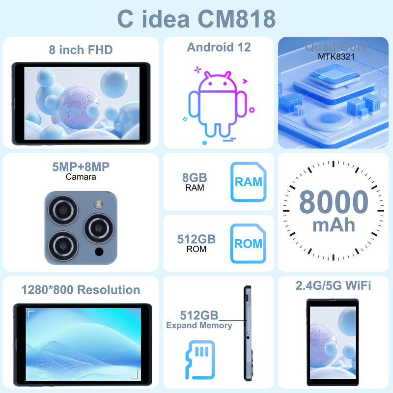C idée Android Tablet PC à double caméra 8 pouces 1280x800 IPS HD Affichage Android 12 Tablettes pour les étudiants CM818-Gray