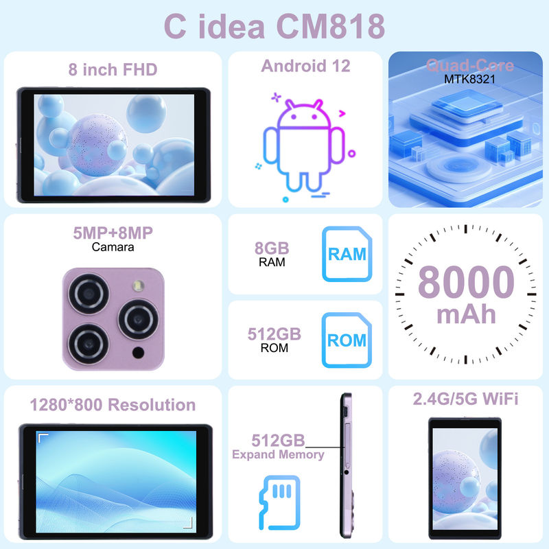 C idée 8 pouces Android 12 Tablette 8000mAh Batterie 5+8MP Caméra 8 Go de RAM 512 Go de ROM pour l'éducation Apprentissage CM818-rose