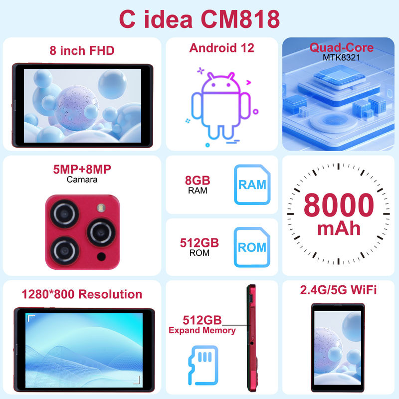 C idée 8 pouces Android 12 Tablet 8 Go de RAM 512 Go de ROM 8000 mAh Batterie 5 + 8 MP Caméra pour étudiant avec support SIM CM818-rouge