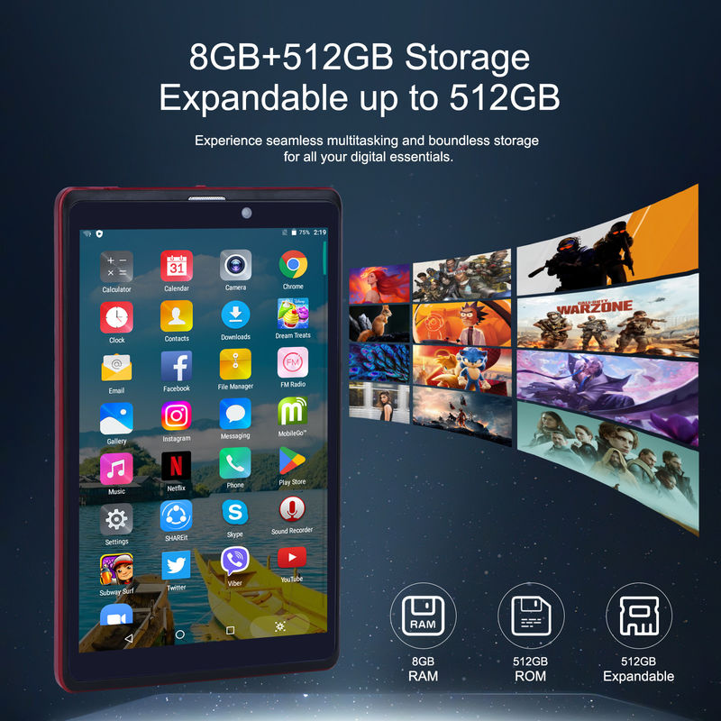 C idée 8 pouces Android 12 Tablet 8 Go de RAM 512 Go de ROM 8000 mAh Batterie 5 + 8 MP Caméra pour étudiant avec support SIM CM818-rouge