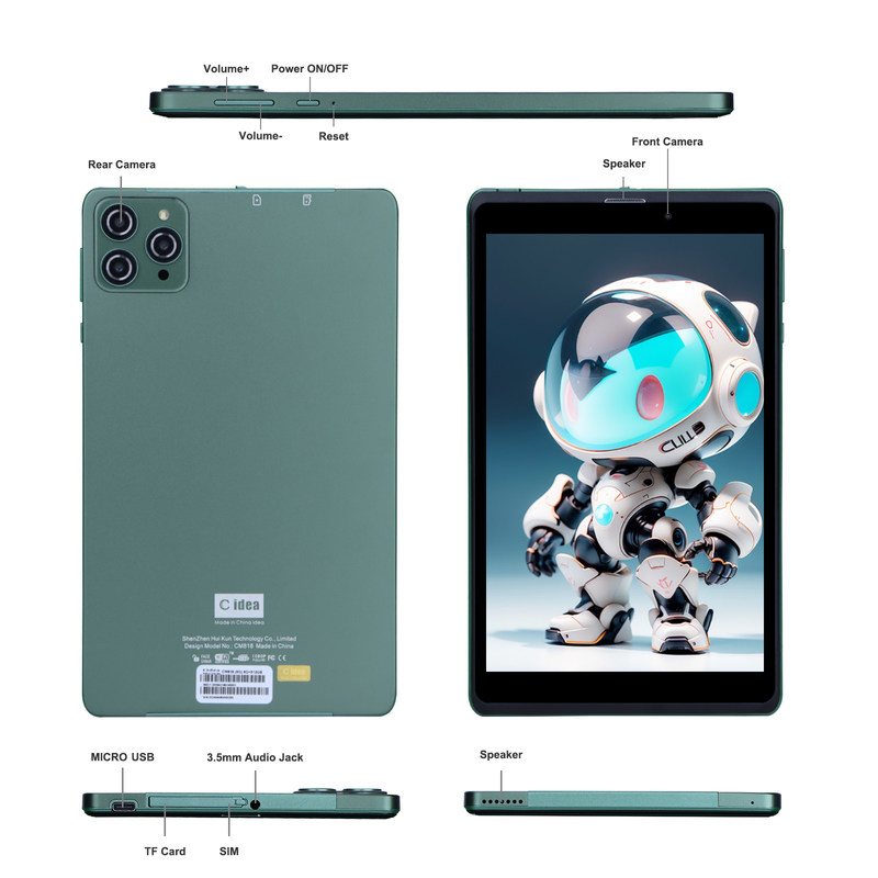 C idée Portable 8 pouces Android Tablet PC Avec Android 12 Quad Core CPU 8 Go de RAM 512 Go de stockage IPS HD Affichage CM818-vert