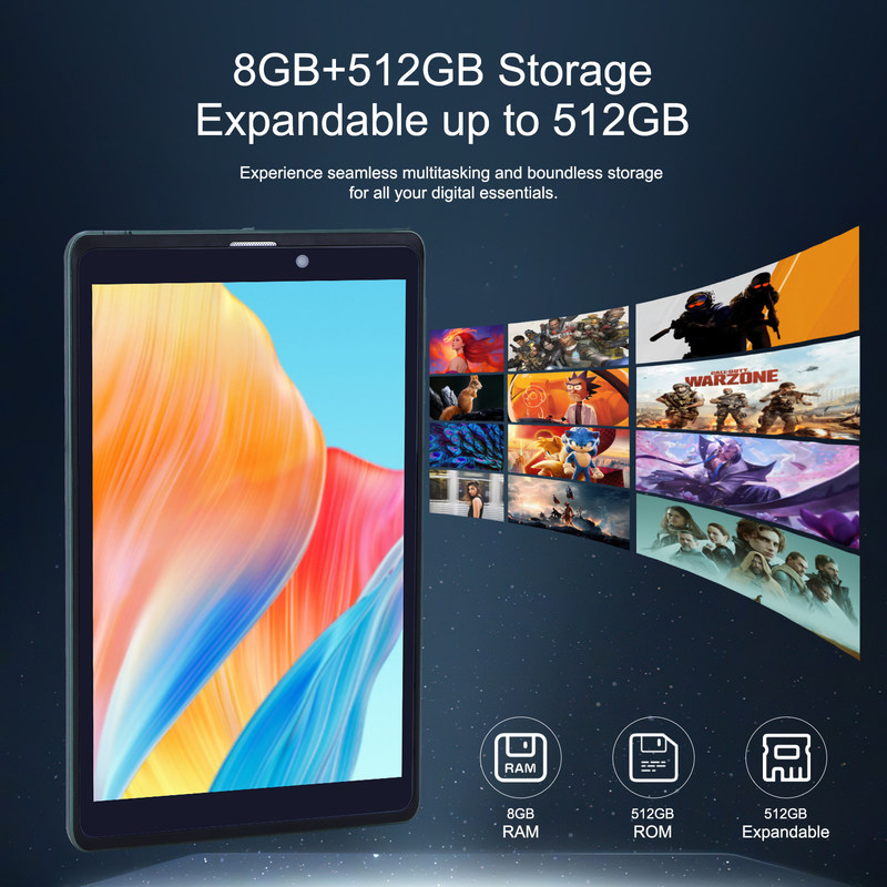 C idée Portable 8 pouces Android Tablet PC Avec Android 12 Quad Core CPU 8 Go de RAM 512 Go de stockage IPS HD Affichage CM818-vert