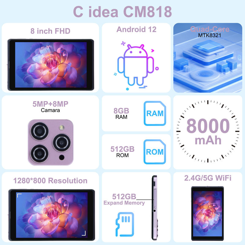 C Idea 8 pouces Android 12 Tablette 8000mAh Batterie 5MP + 8MP Caméra 8 Go de RAM 512 Go de ROM Pour l'enseignement Apprentissage CM818-rose