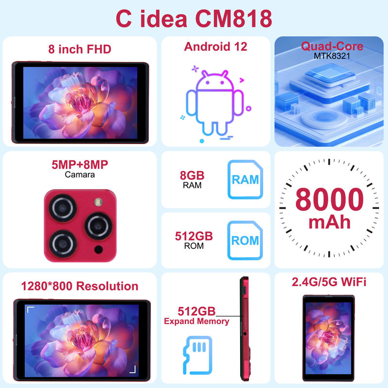 C idée 8 pouces Android 12 Tablet 8 Go de RAM 512 Go de ROM 8000 mAh Batterie 5 + 8 MP Caméra pour les adolescents avec support SIM CM818-rouge