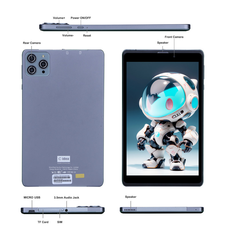 C idée Android Tablet PC à double caméra 8 pouces 1280x800 IPS HD Affichage Android 12 Tablettes pour les adolescents CM818-Gray