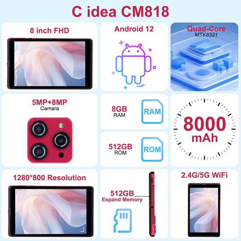 C idée 8 pouces Android 12 Tablet 8 Go de RAM 512 Go de ROM 8000 mAh Batterie 5 + 8 MP Caméra pour étudiant avec support SIM CM818-rouge