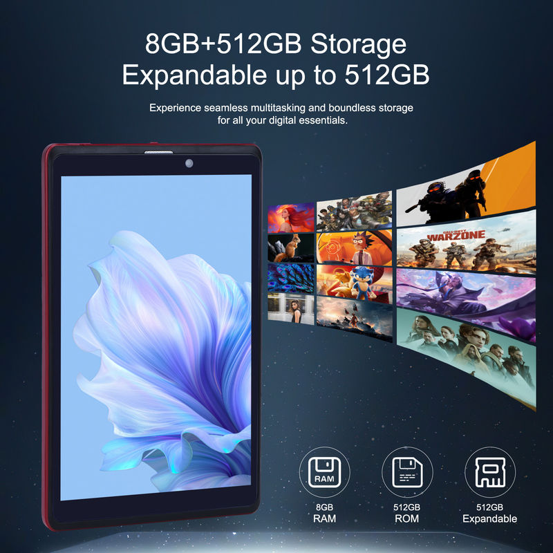 C idée 8 pouces Android 12 Tablet 8 Go de RAM 512 Go de ROM 8000 mAh Batterie 5 + 8 MP Caméra pour étudiant avec support SIM CM818-rouge