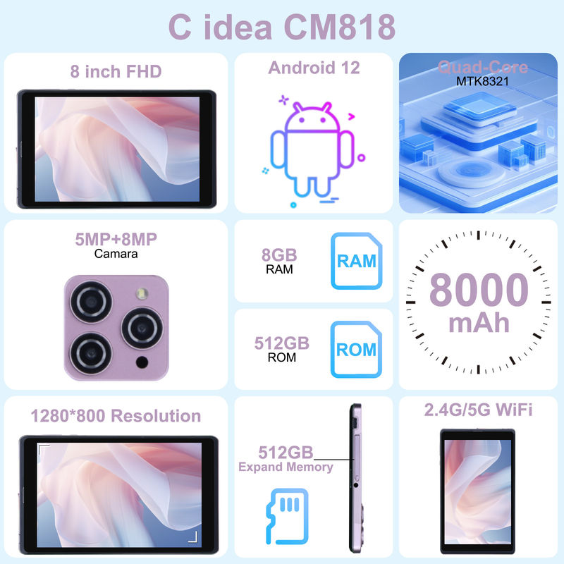 C idée 8 pouces Android 12 Tablette 8000mAh Batterie 5+8MP Caméra 8 Go de RAM 512 Go de ROM pour l'éducation Apprentissage CM818-rose