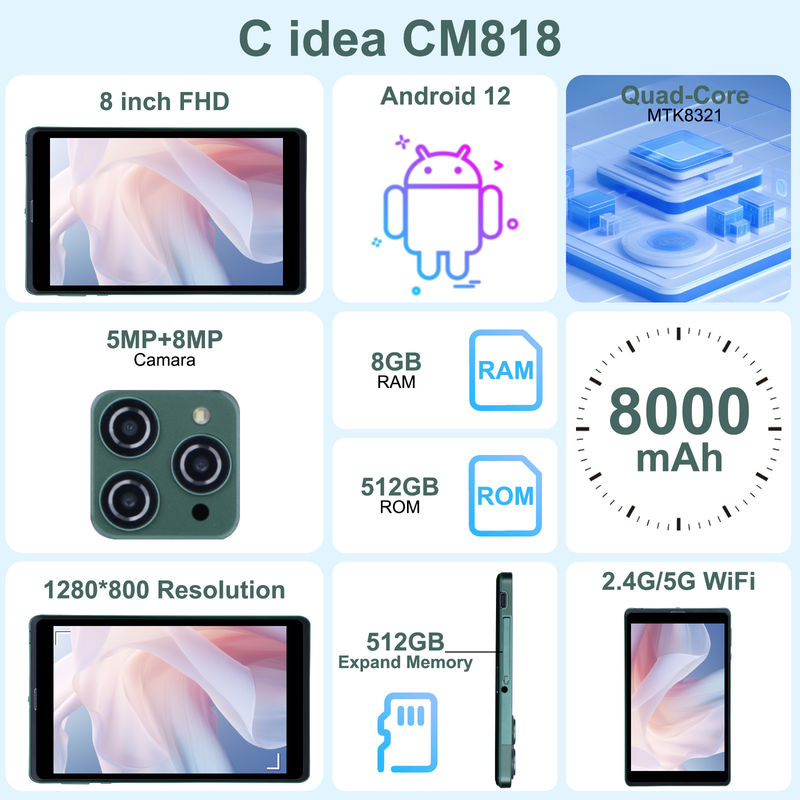 C idée 8 pouces Android Tablet PC avec Android 12 OS Quad Core CPU 8 Go de RAM 512 Go de stockage IPS HD Affichage CM818-vert