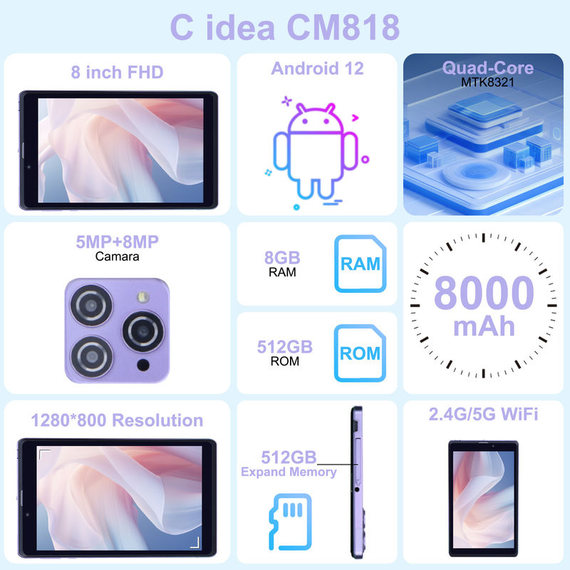 C Idea Portable 8 En Android Tablette PC 8 Go de RAM 512 Go Android 12 Tablette IPS HD Affichage Quad Core CM818-Purple