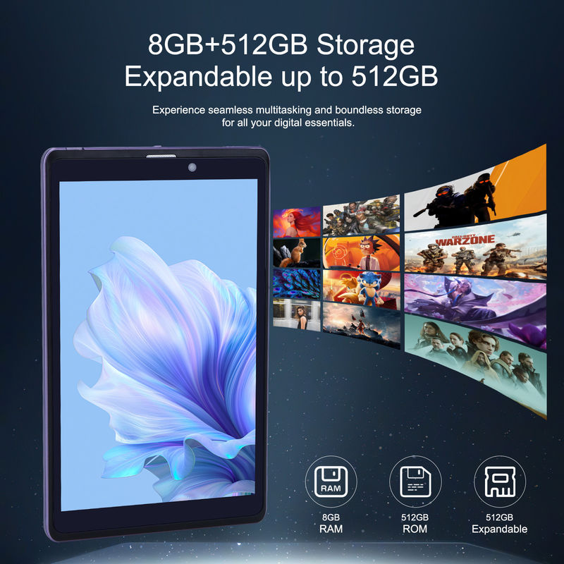 C Idea Portable 8 En Android Tablette PC 8 Go de RAM 512 Go Android 12 Tablette IPS HD Affichage Quad Core CM818-Purple