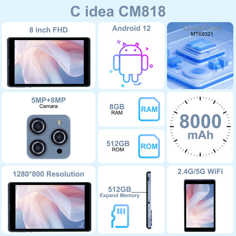 C idée Android Tablet PC à double caméra 8 pouces 1280x800 IPS HD Affichage Android 12 Tablettes pour les étudiants CM818-Gray