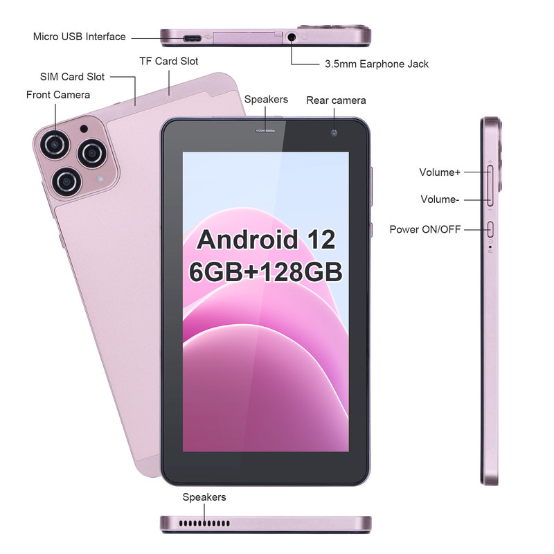 C idée 7 pouces tablettes intelligentes Android 6+128GB Quad Core WiFi Tablette HD écran tactile pour les adolescents CM515 ((Rose)