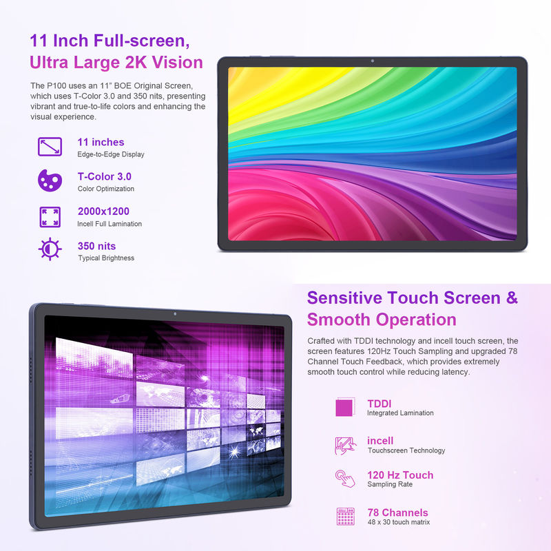 C idée Android 13 Double caméra 5MP + 13MP Avec 1200 * 2000 2K Écran 11 pouces Tablette PC P100