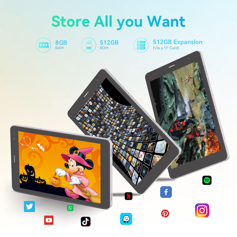 C Idea ODM 8 pouces batterie longue de 512 Go, double caméra, processeur octa-core, tablette Android avec étui pour étudiants CM828 argenté