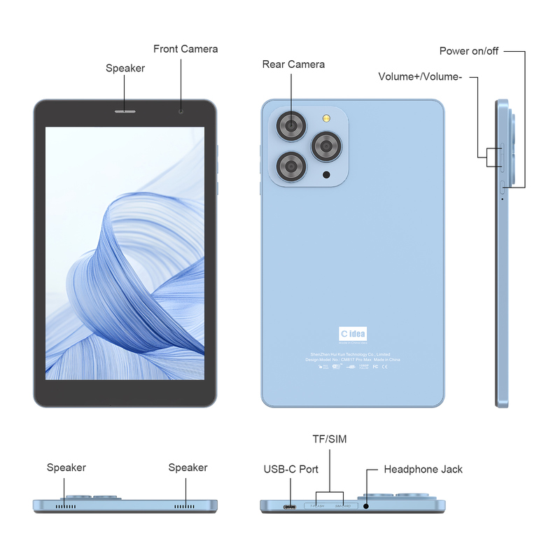 Tablette Wifi C idea 8 pouces avec 8+512 Go de stockage, processeur Quad Core, écran tactile IPS 800x1280, bleu CM817 Pro
