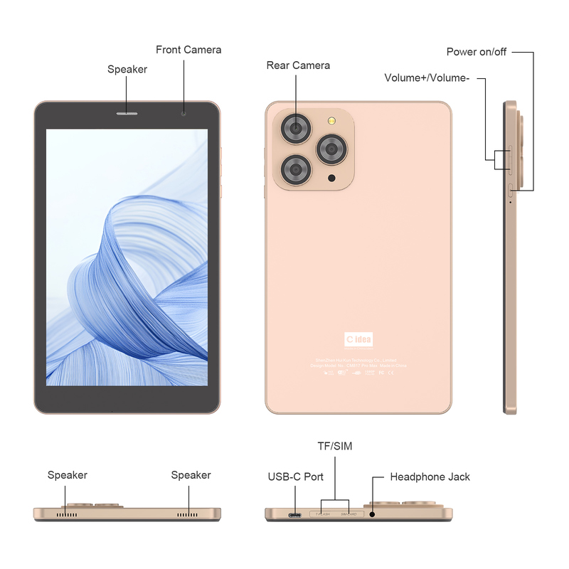 C idée Tablette Wifi de 8 pouces avec 8 + 512GB de stockage Processor quad-core 800x1280 IPS Écran tactile or CM817 Pro