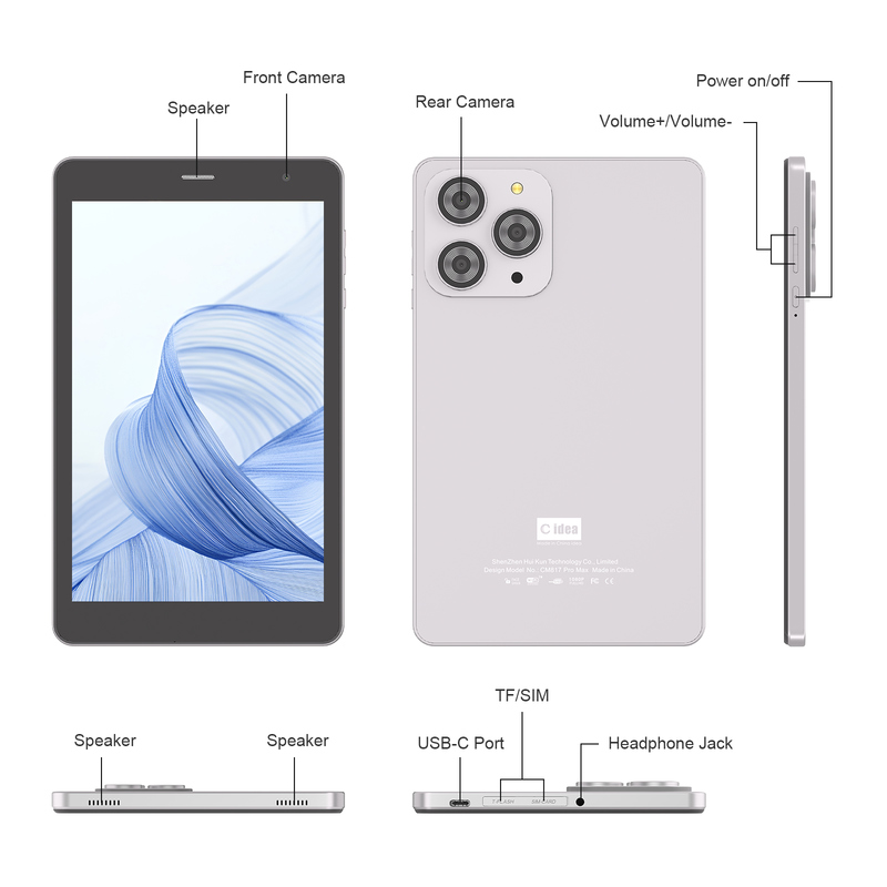 Tablette Wifi C idea 8 pouces avec 8+512 Go de stockage, processeur Quad Core, écran tactile IPS 800x1280, argent CM817 Pro