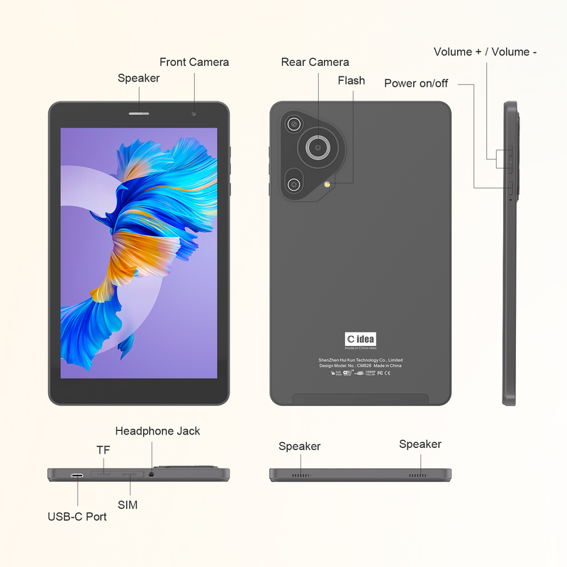 C idée Jeunesse Tablette 8 pouces Android 15 avec écran noir, WiFi, 8 Go + 512 Go, 800 * 1280 IPS incell CM828