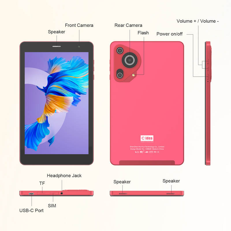 C idea Youth tablette rouge 8 pouces Android 15 avec emplacement pour carte TF, WiFi, 8 Go + 512 Go, 800*1280 IPS incell CM828